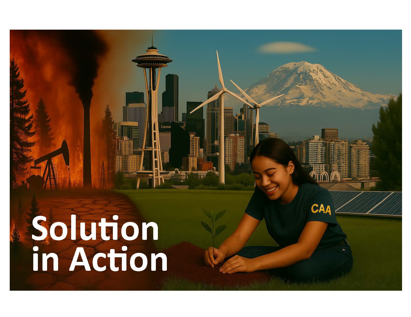 Person planting sapling; city, turbines, and mountains behind; text: 'Solution in Action'