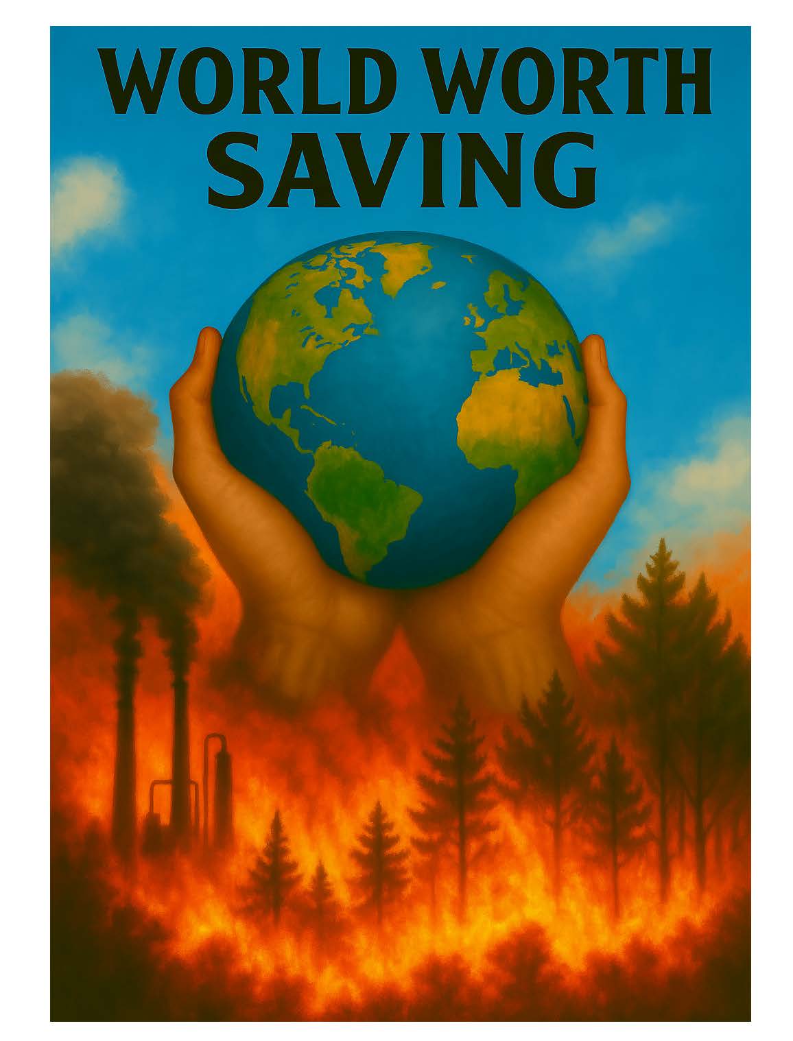 Hands holding Earth above pollution and forest fires; text reads 'World Worth Saving'