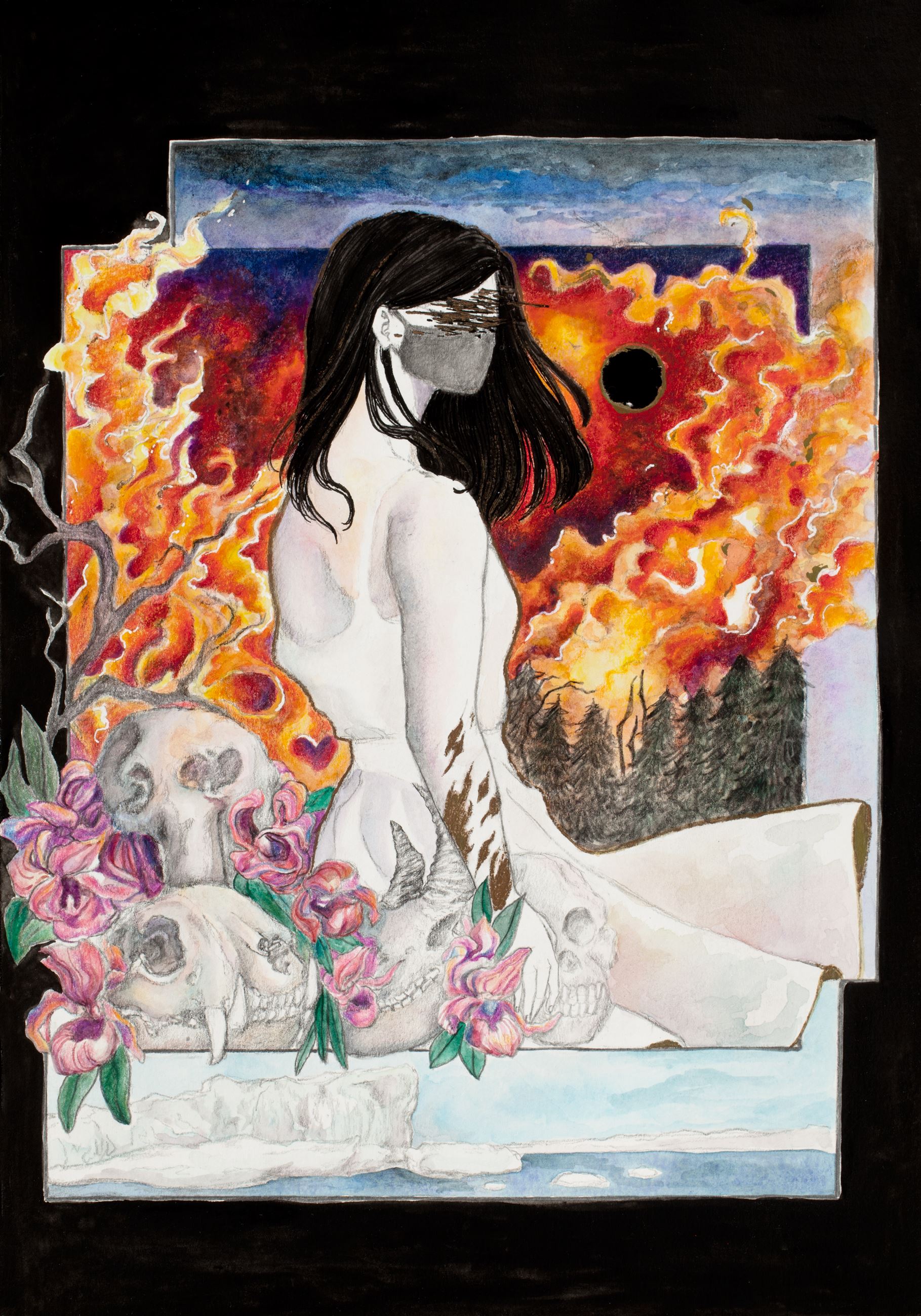 Surreal painting of a masked figure among skulls and flowers with a fiery background