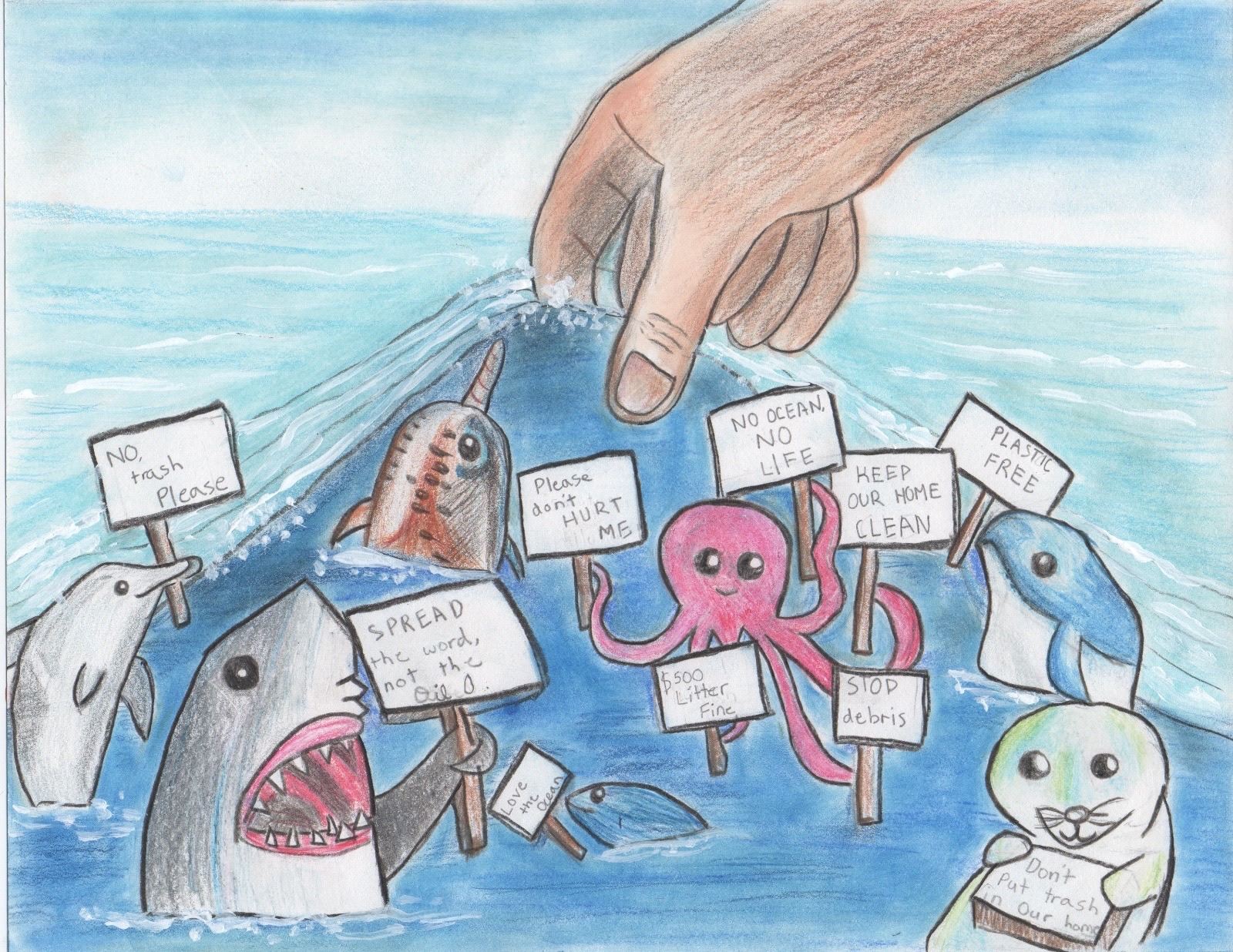 Sea animals holding signs with ocean conservation messages