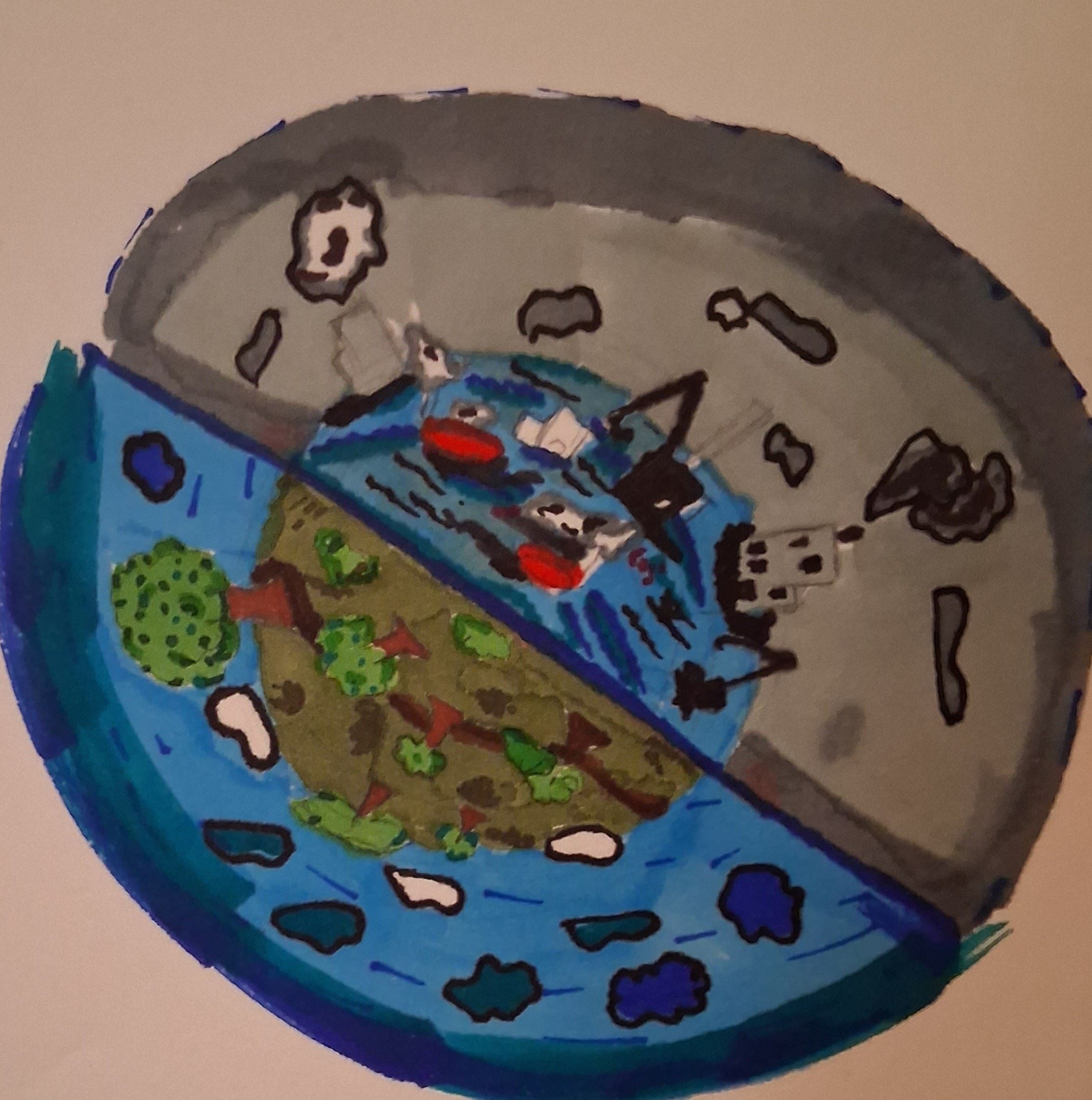 Circular drawing split between natural landscape and industrial pollution