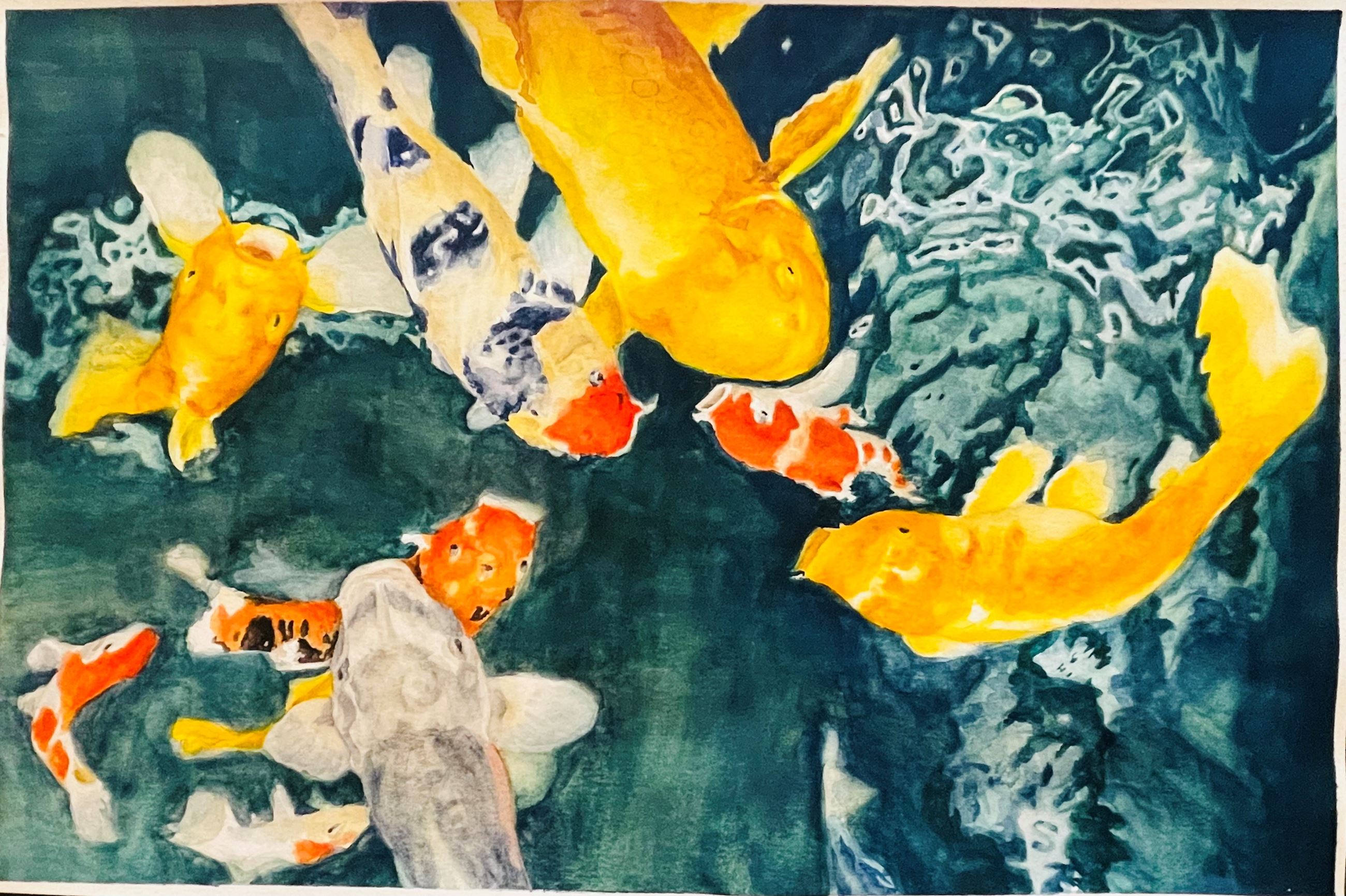 Koi fish of various colors swimming in dark blue-green water