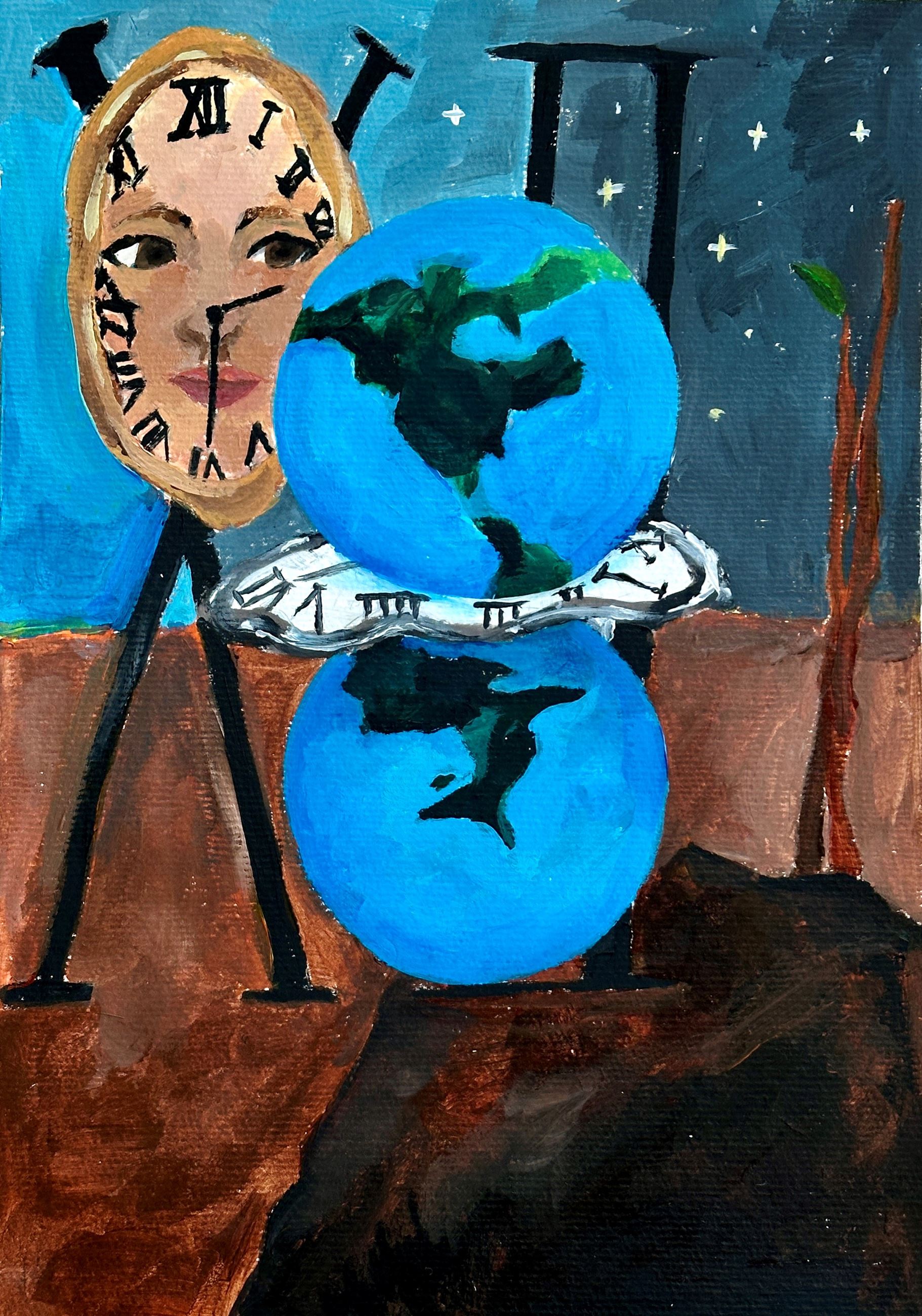 Surreal clock with globes and Roman numerals