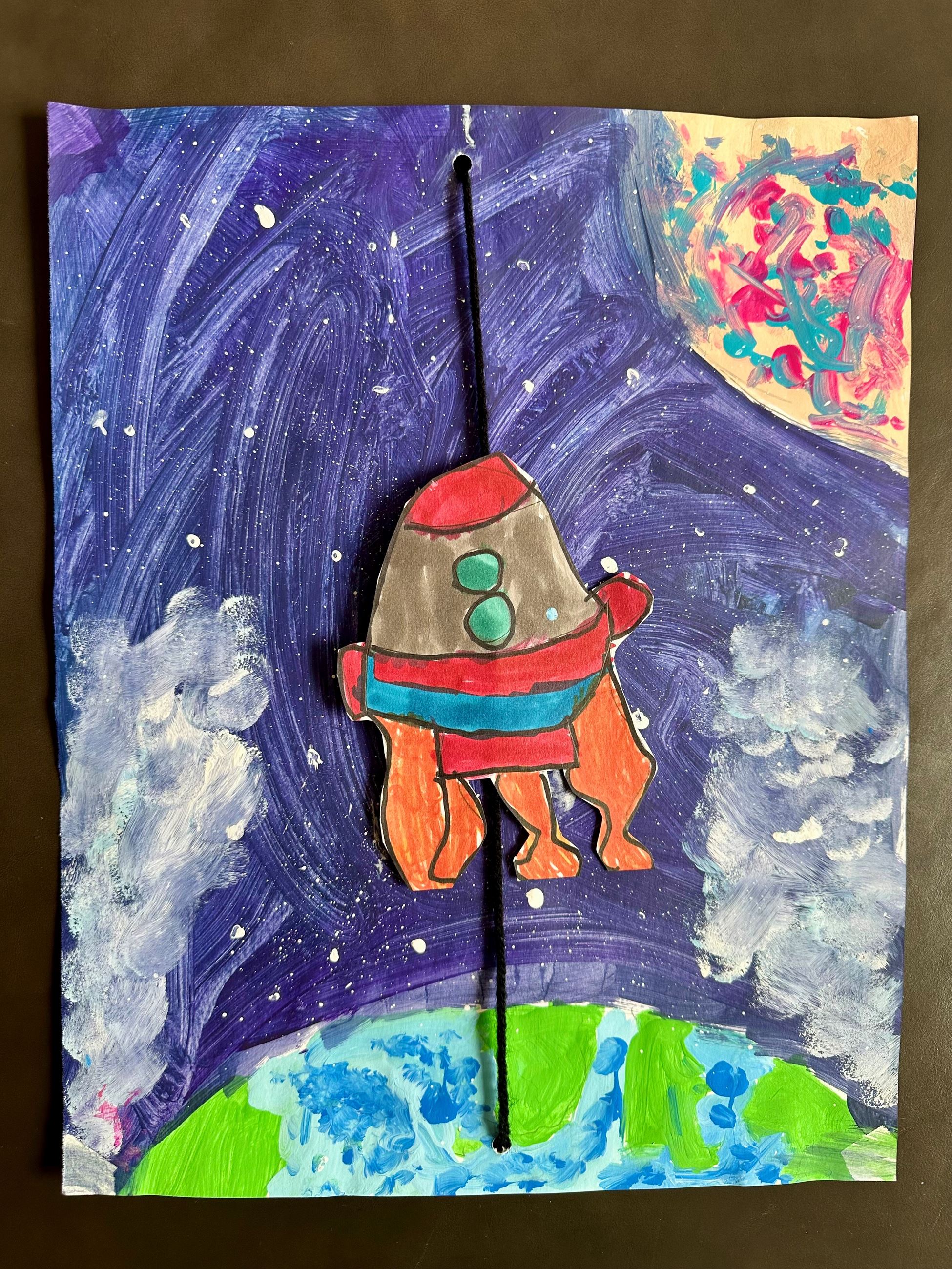 Colorful rocket ship in space above Earth, with stars and a vibrant celestial body