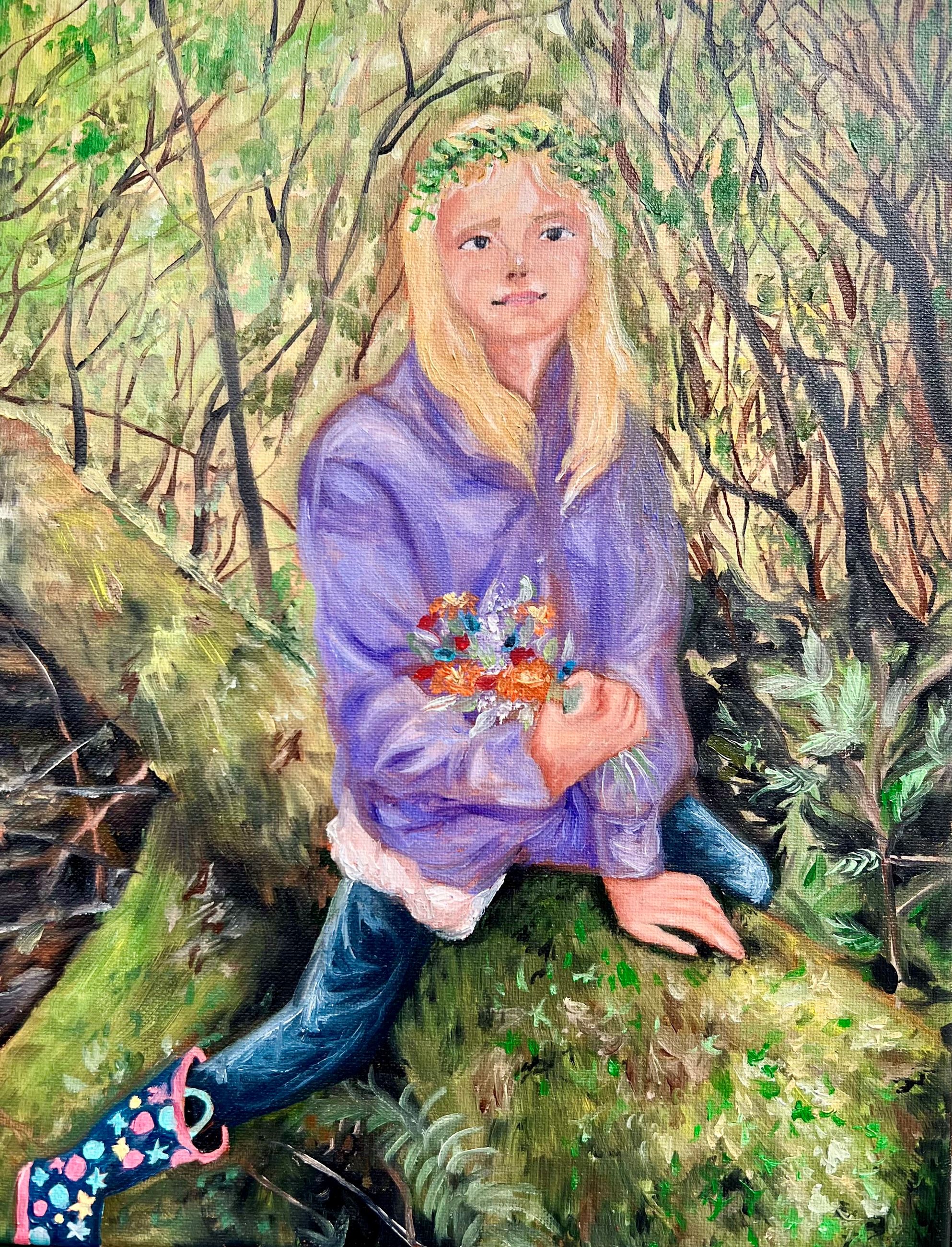 Person on a mossy log in a forest holding flowers