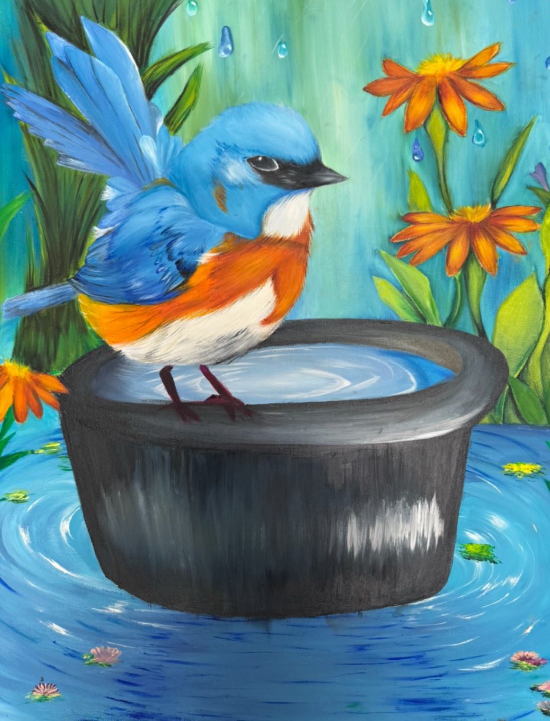 Bluebird on a black water container with flowers and foliage.