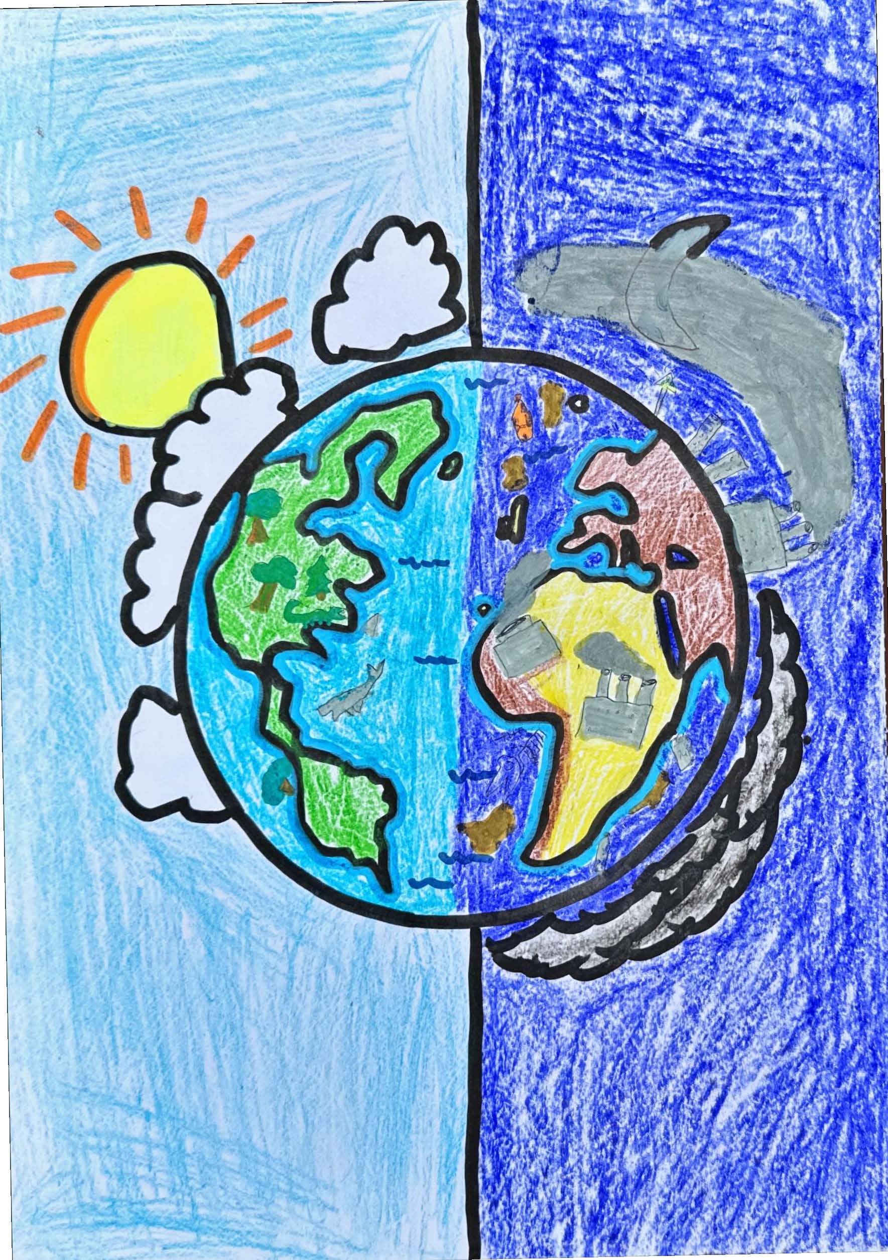 Drawing of Earth split into day and night scenes