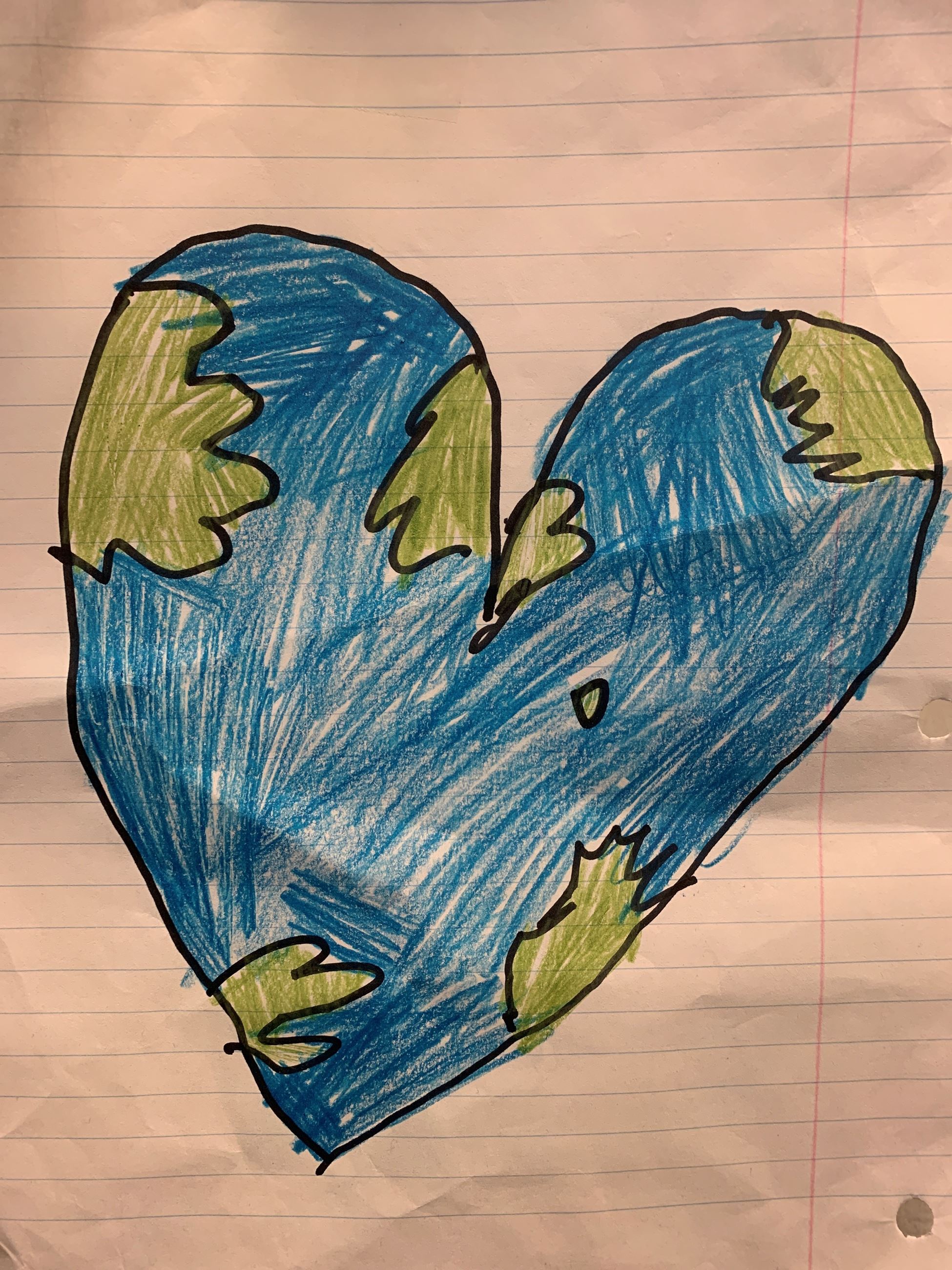 Heart-shaped Earth with blue oceans and green continents