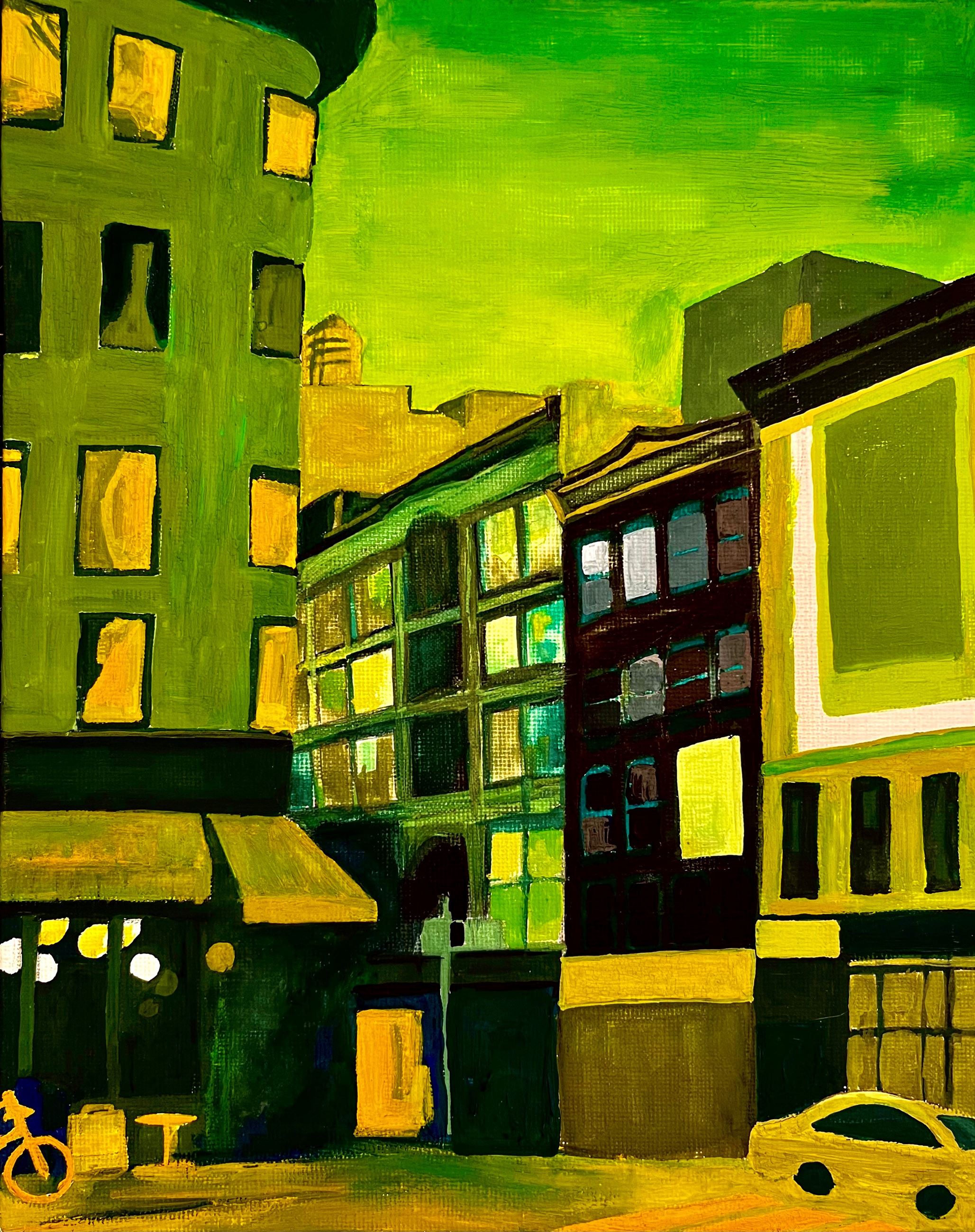Painting of a nighttime urban street with colorful buildings, a car, and a bicycle