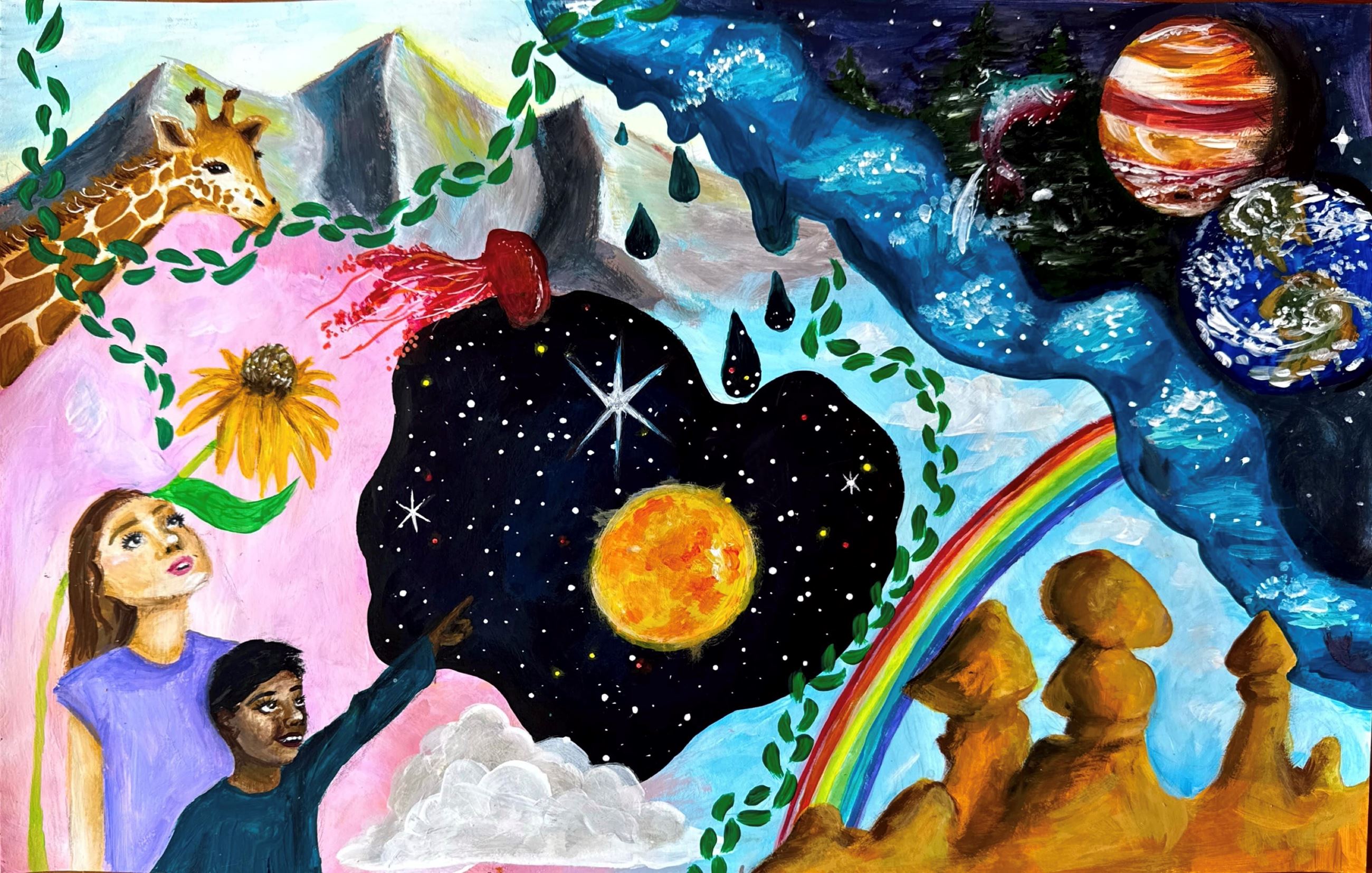 Colorful painting with nature, space, and people pointing at the sun under a starry sky