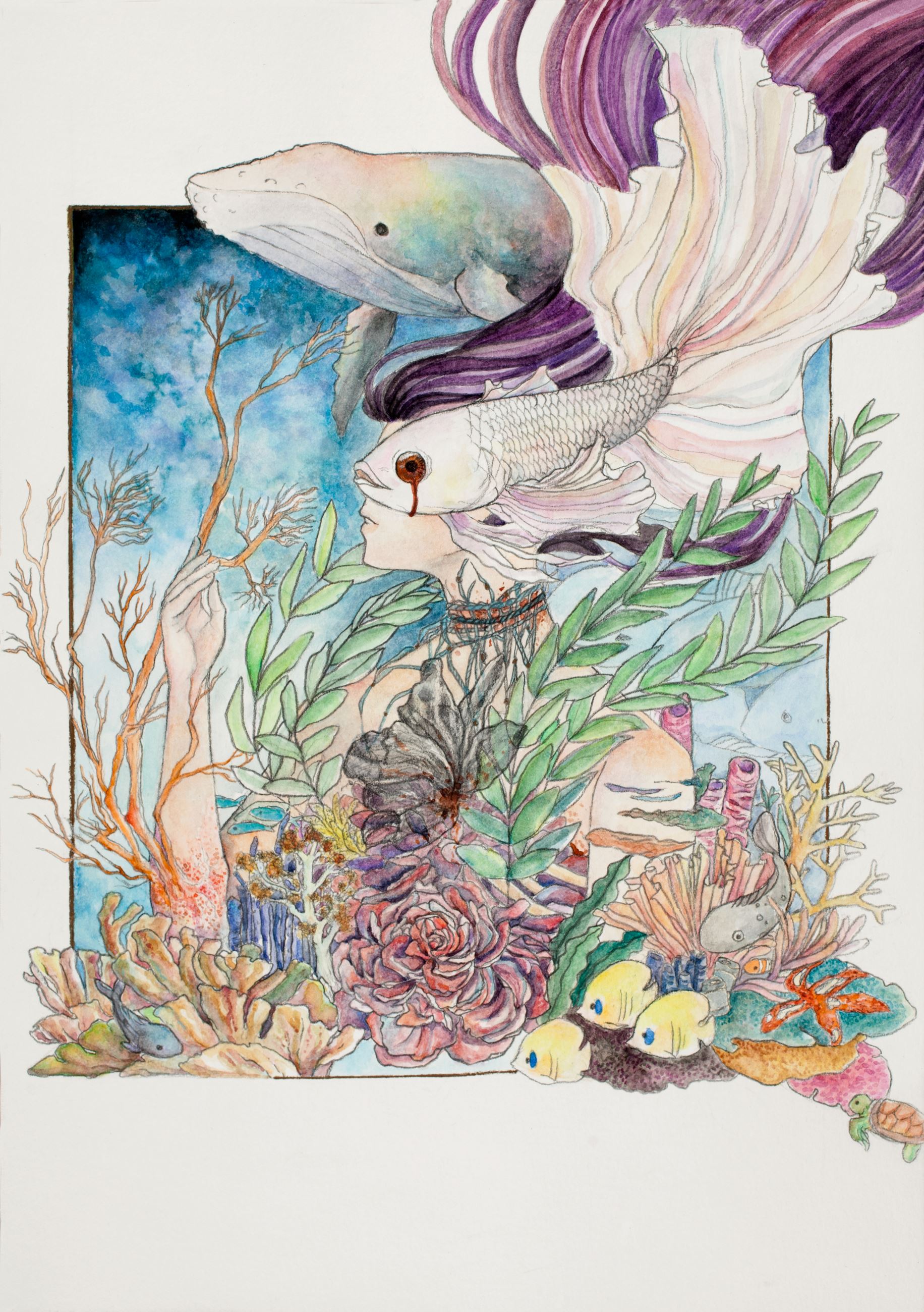 Underwater scene with woman’s face blended with sea life, including fish, whale, and coral