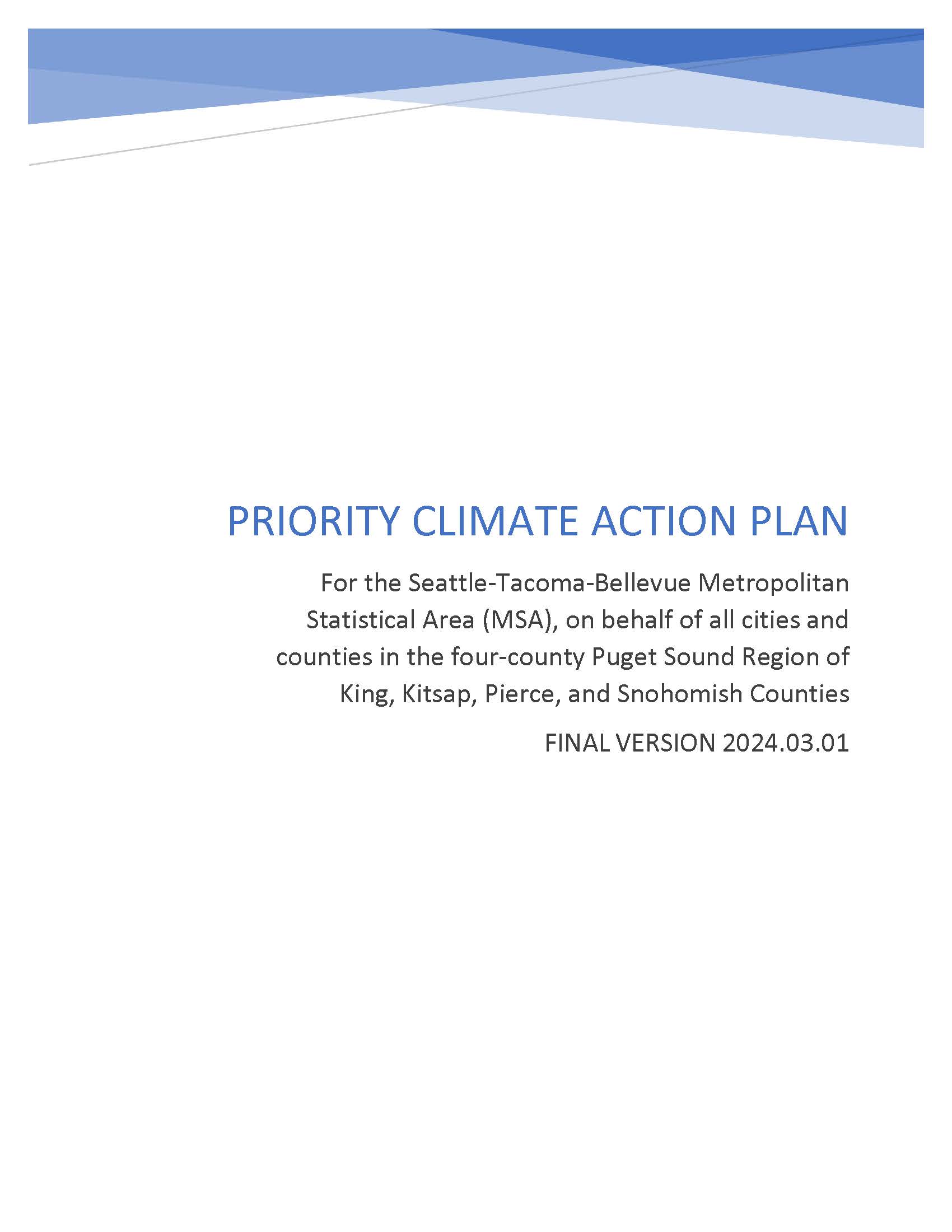 Cover page of the Priority Climate Action Plan for the Puget Sound Region